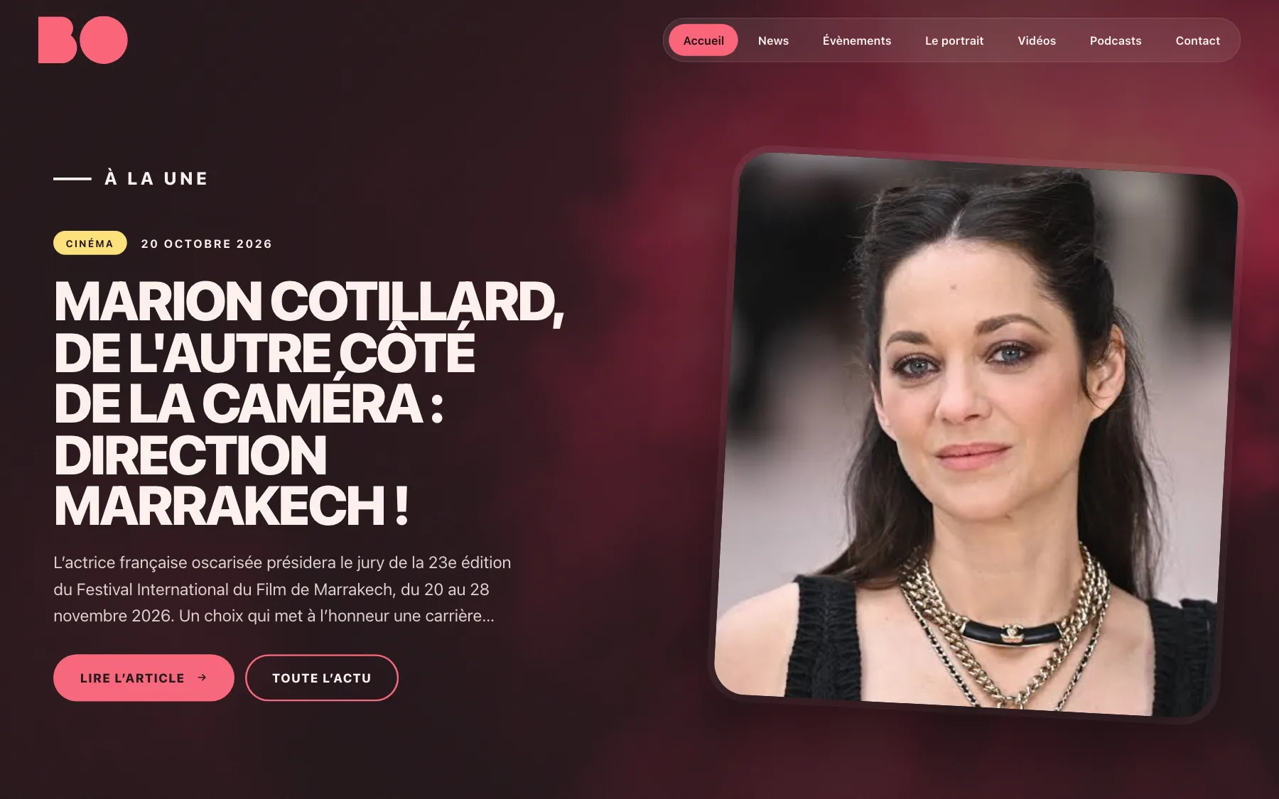 Screenshot of the BO Média website: The front page