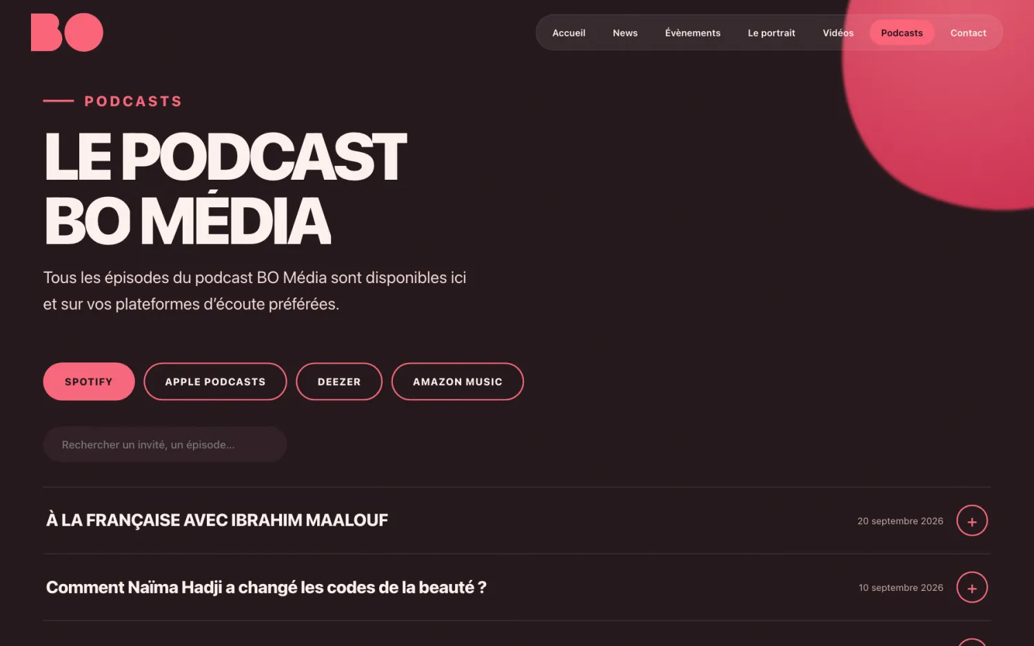 Screenshot of the BO Média website: The podcasts