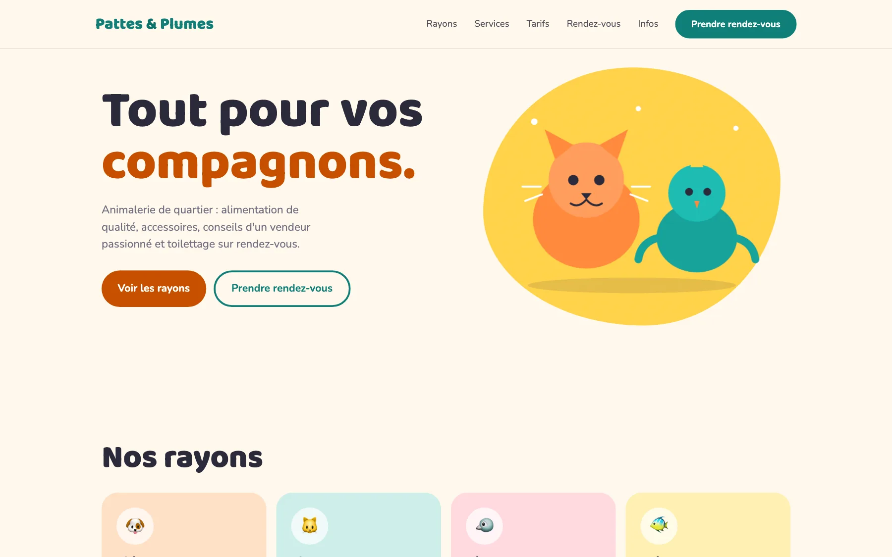 Aperçu sur ordinateur du concept de site Pattes & Plumes, pour une animalerie
