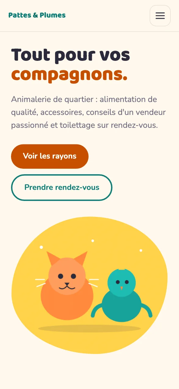 Aperçu sur téléphone du concept de site Pattes & Plumes