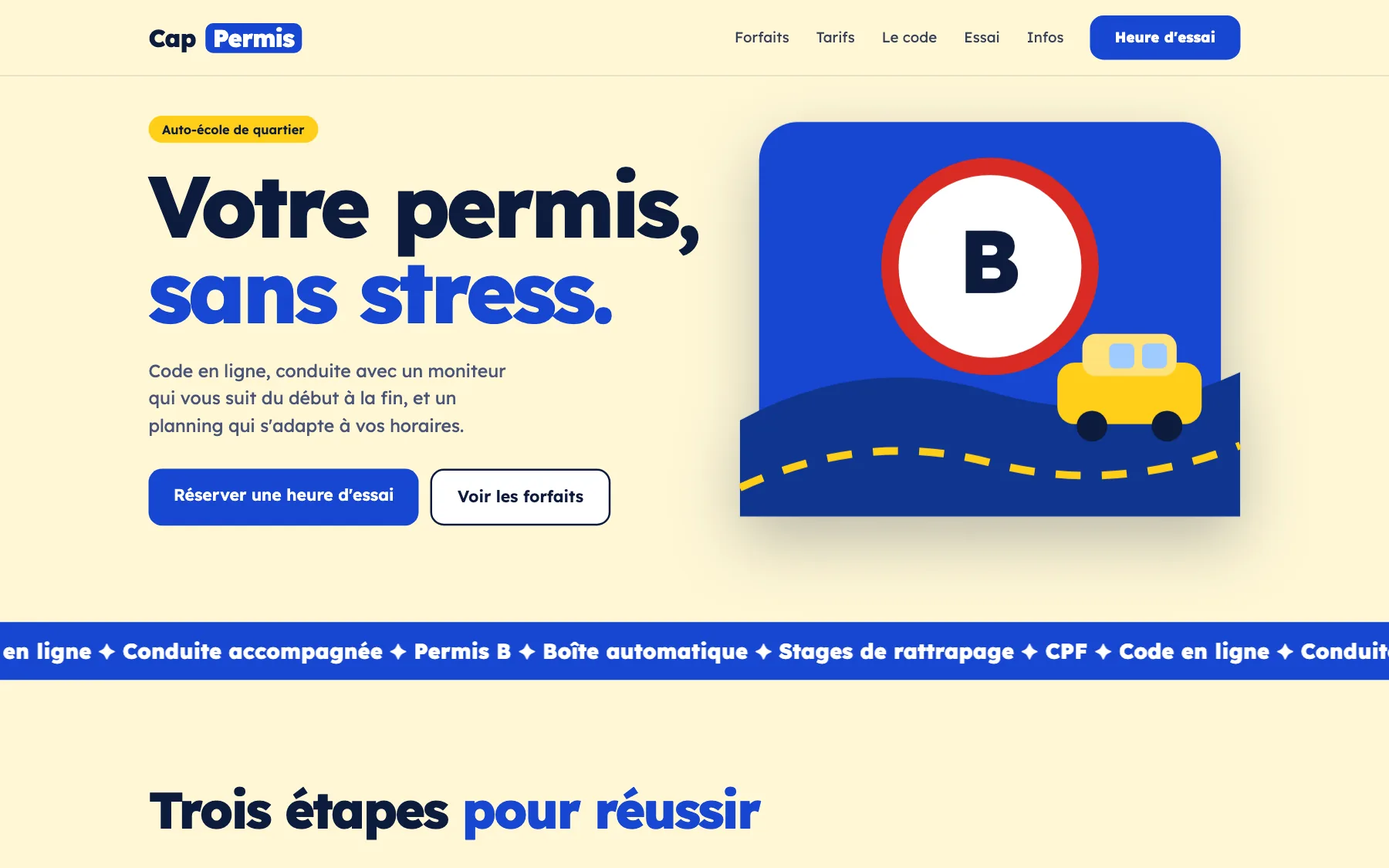 Aperçu sur ordinateur du concept de site Cap Permis, pour une auto-école