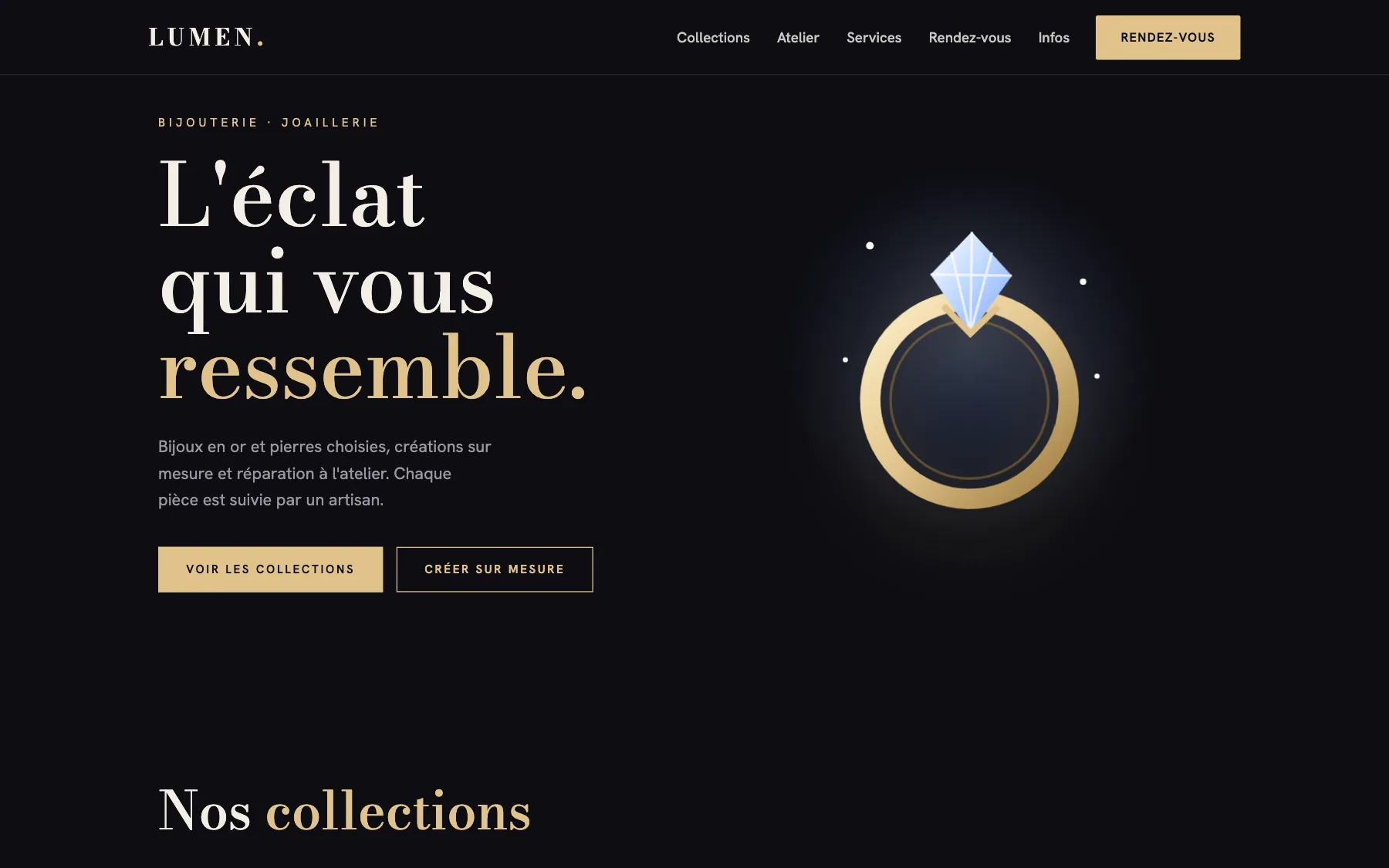 Aperçu sur ordinateur du concept de site Lumen, pour une bijouterie