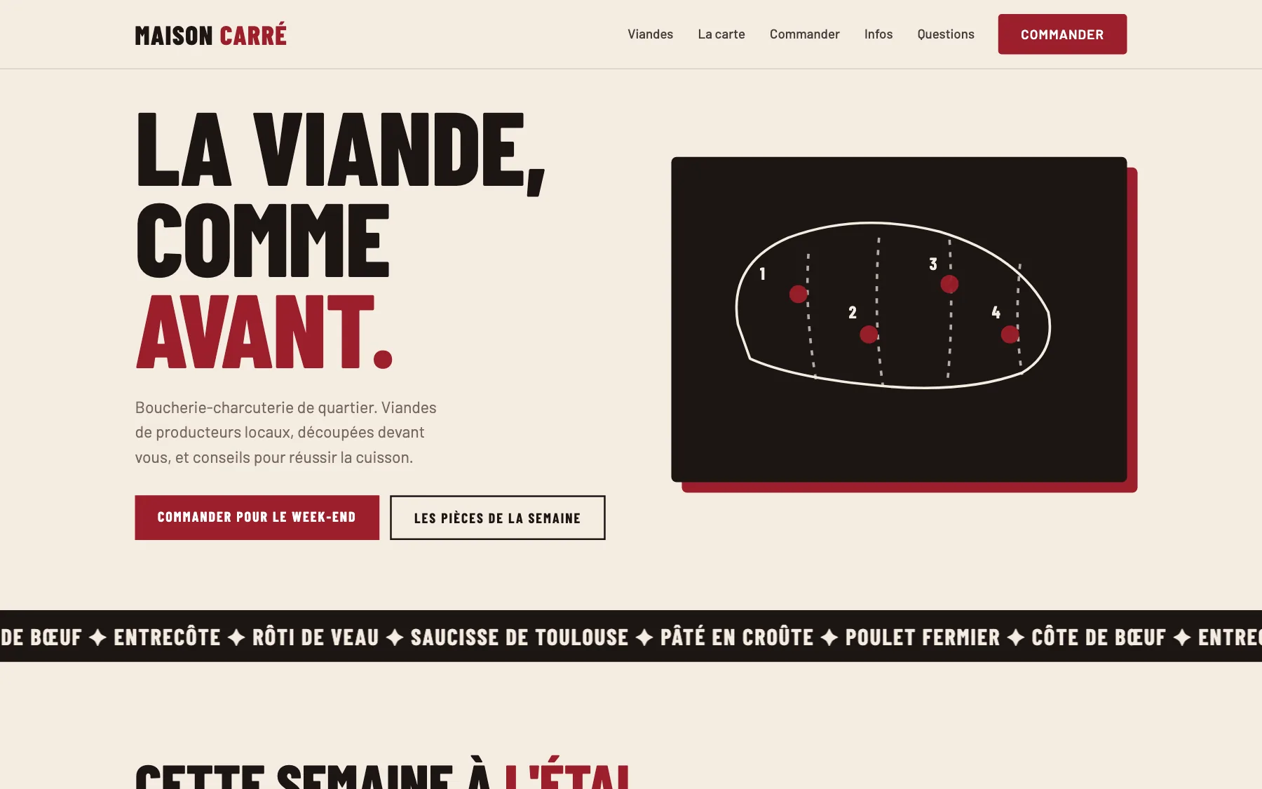 Aperçu sur ordinateur du concept de site Maison Carré, pour une boucherie