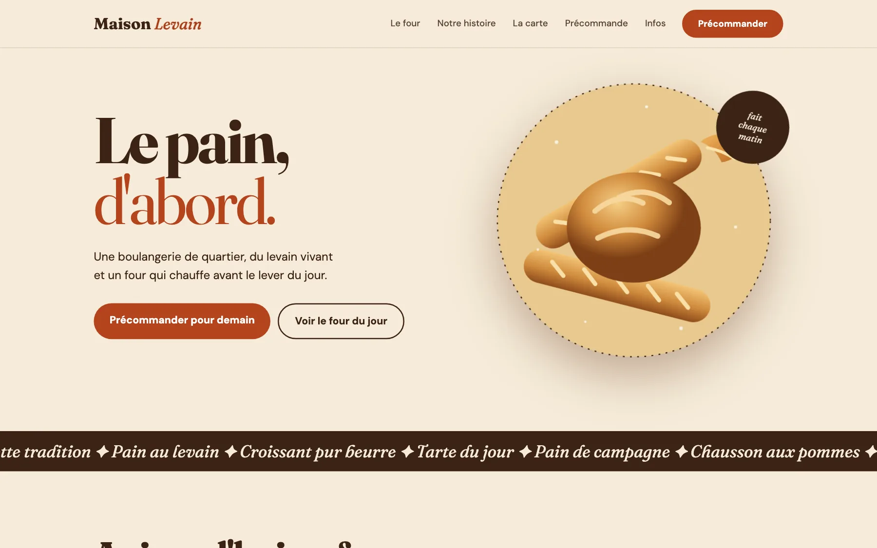 Aperçu sur ordinateur du concept de site Maison Levain, pour une boulangerie