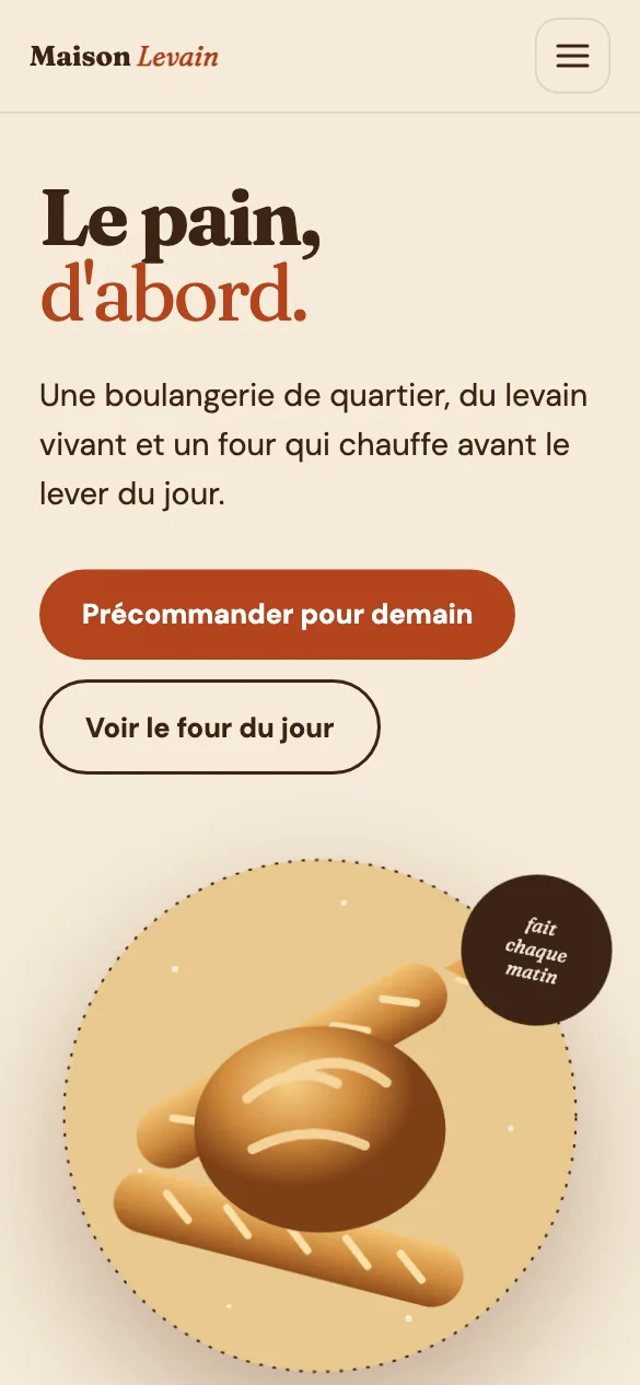 Aperçu sur téléphone du concept de site Maison Levain