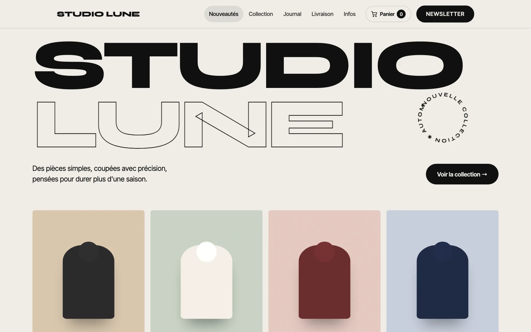 Aperçu sur ordinateur du concept de site Studio Lune, pour une boutique de mode