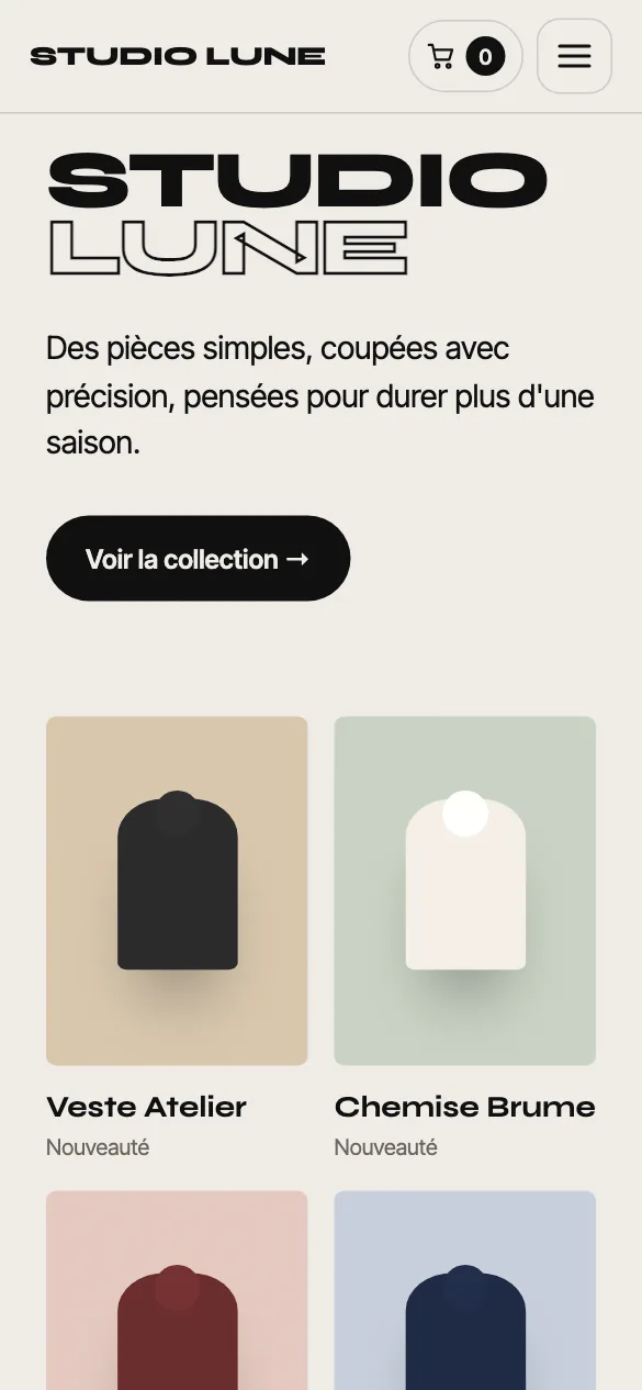 Aperçu sur téléphone du concept de site Studio Lune
