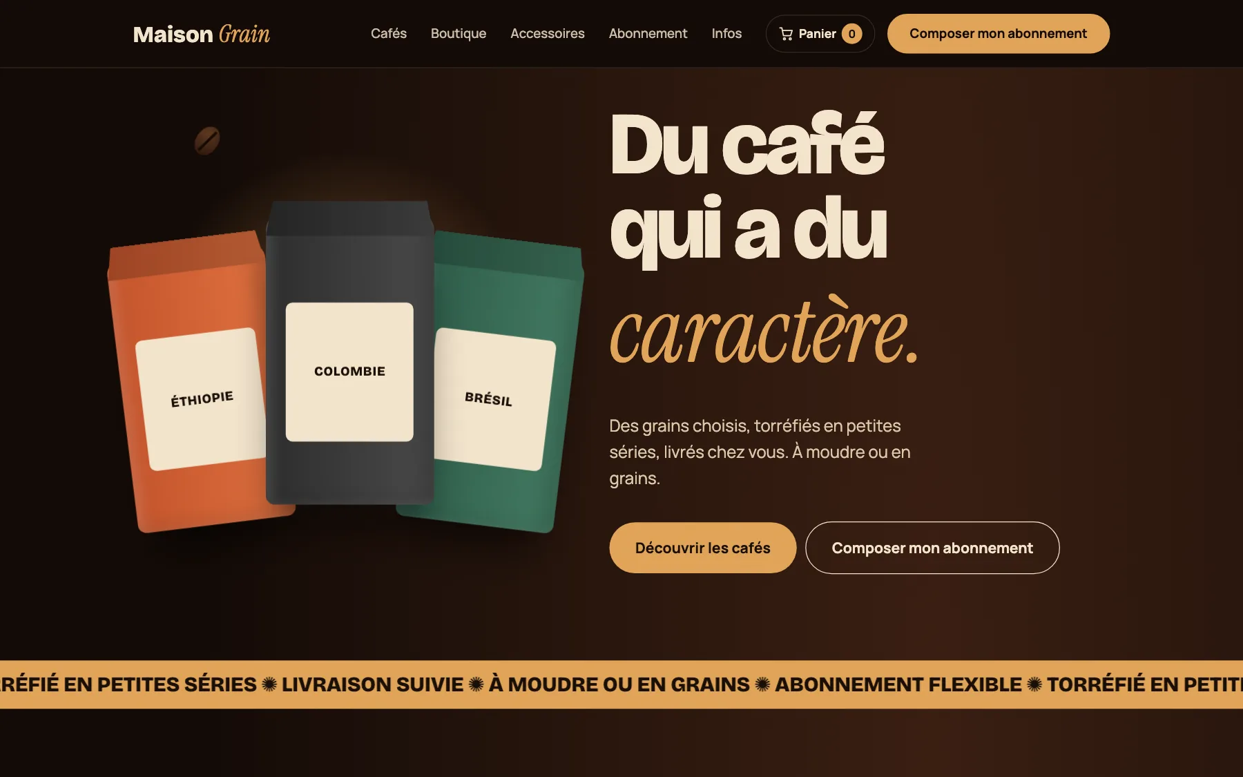 Aperçu sur ordinateur du concept de site Maison Grain, pour une café