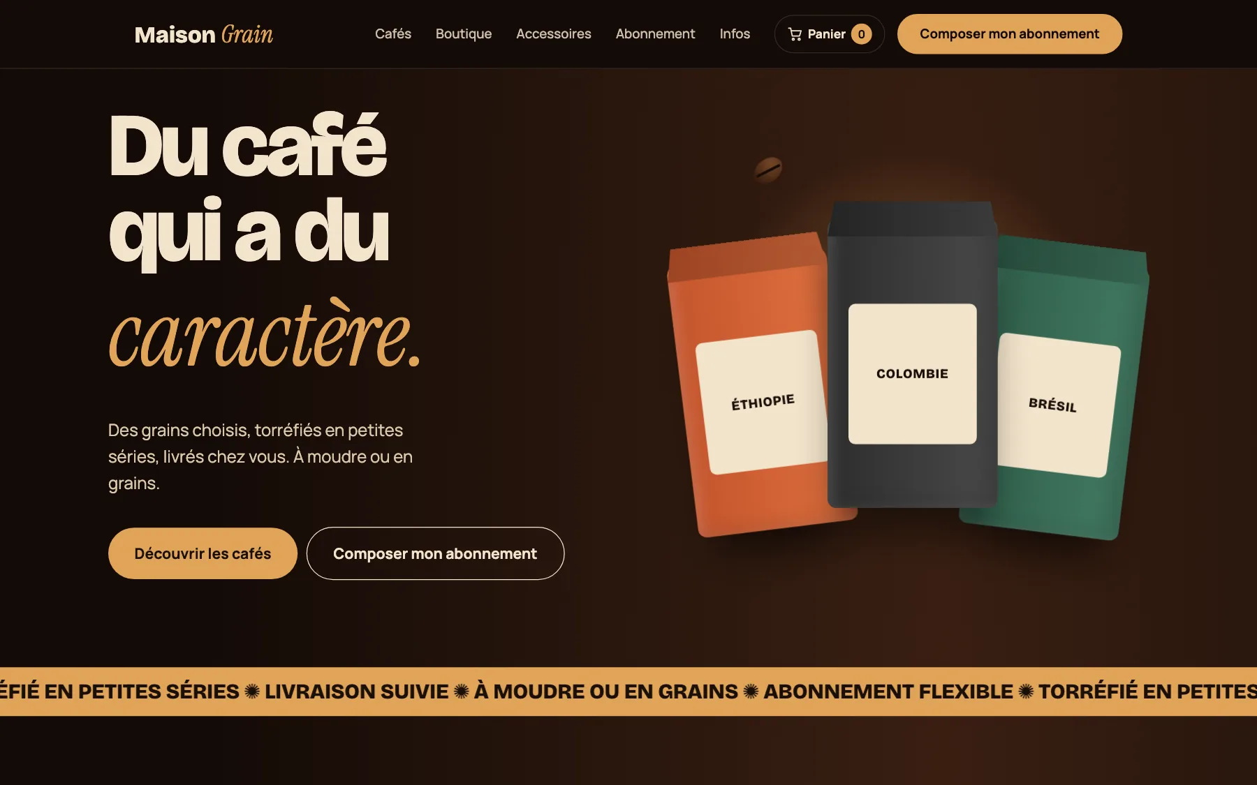 Aperçu sur ordinateur du concept de site Maison Grain, pour une café
