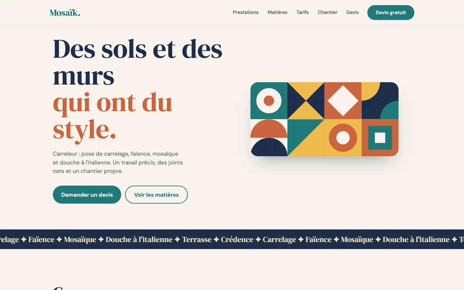 Aperçu sur ordinateur du concept de site Mosaïk Carrelage, pour une entreprise de carrelage