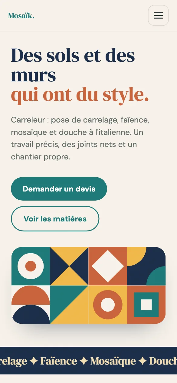 Aperçu sur téléphone du concept de site Mosaïk Carrelage
