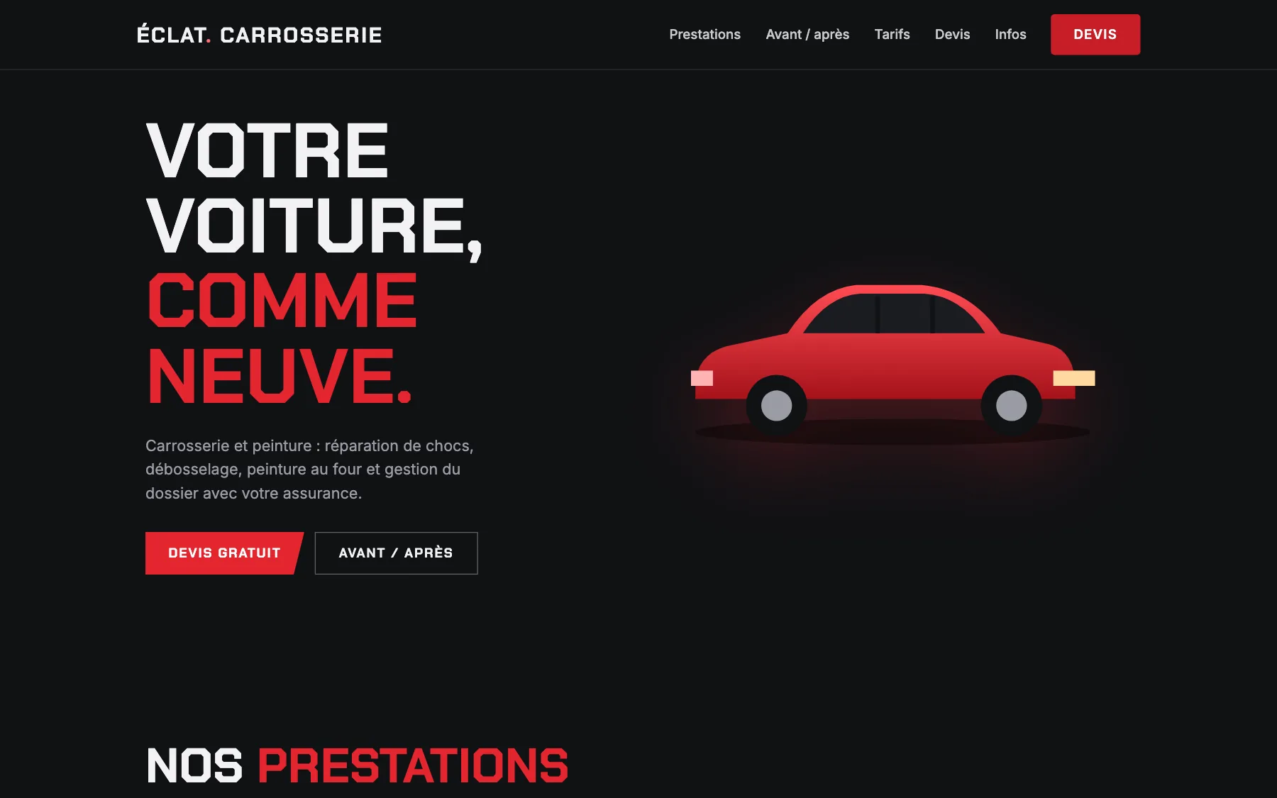 Aperçu sur ordinateur du concept de site Éclat Carrosserie, pour une carrosserie