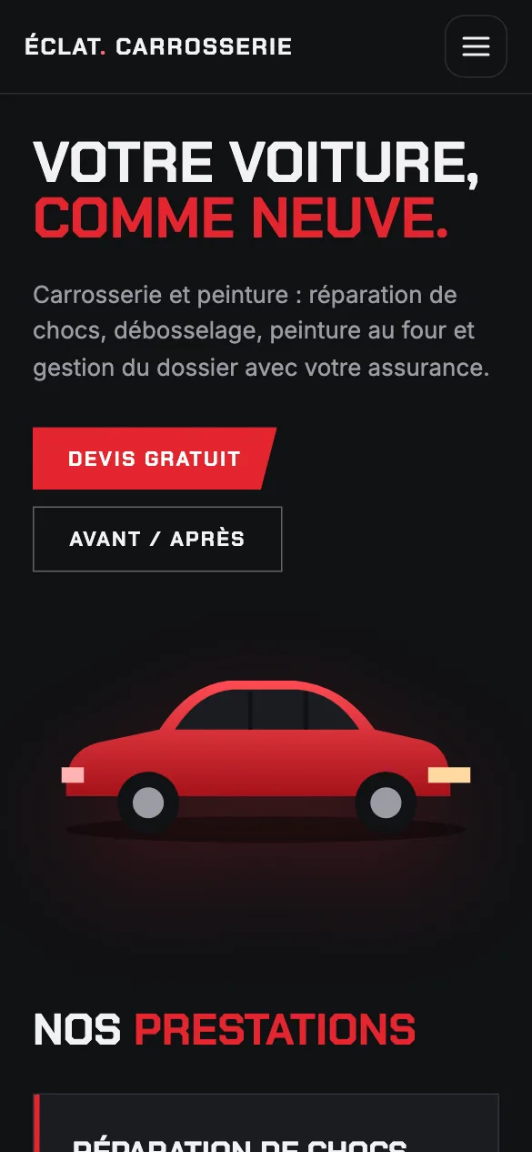 Aperçu sur téléphone du concept de site Éclat Carrosserie