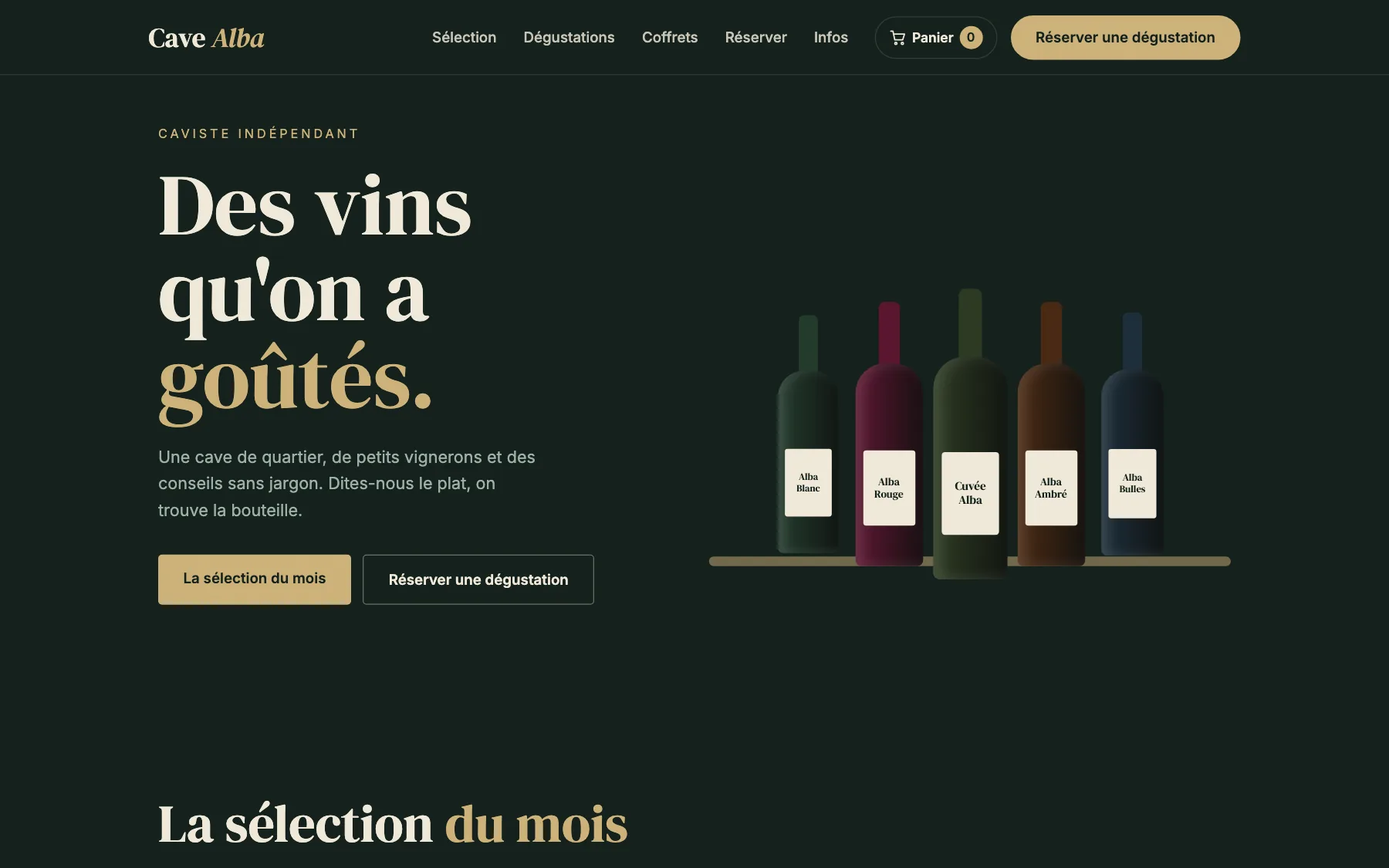 Aperçu sur ordinateur du concept de site Cave Alba, pour une cave