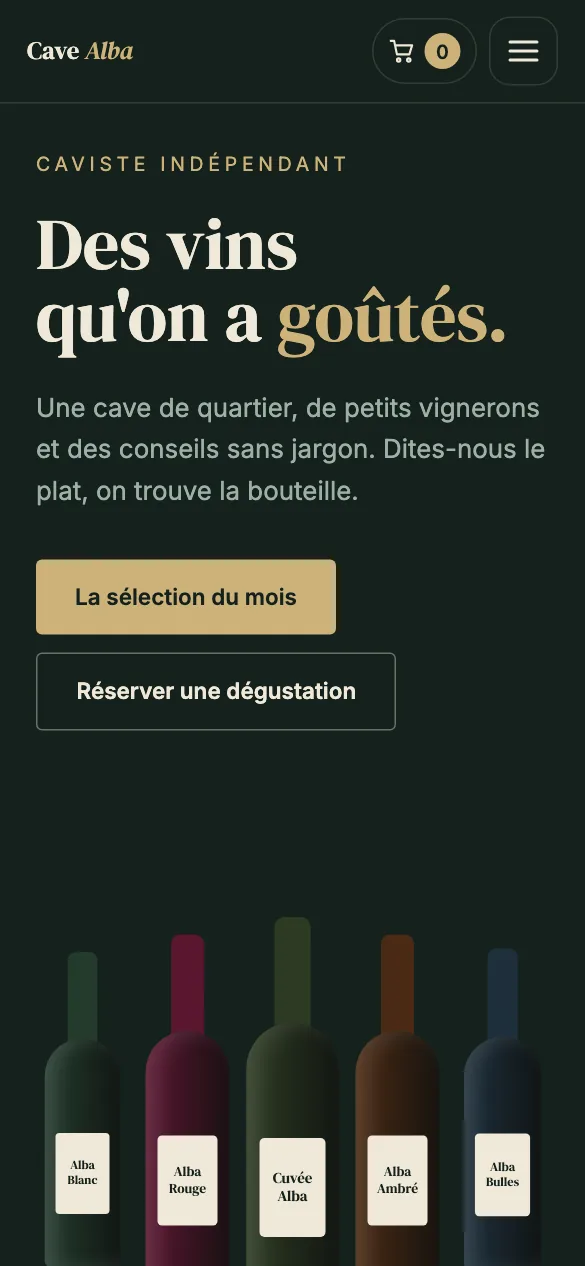 Aperçu sur téléphone du concept de site Cave Alba