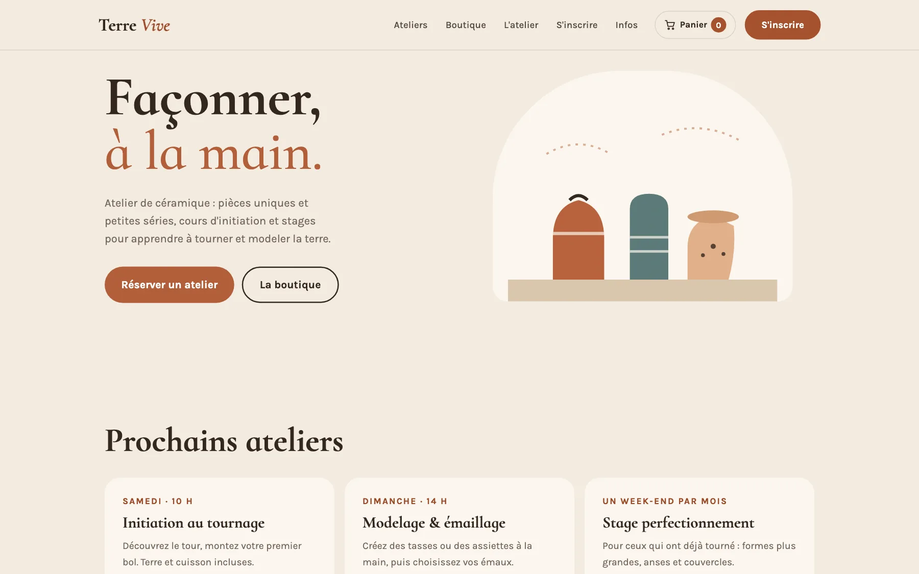 Aperçu sur ordinateur du concept de site Terre Vive, pour une atelier de céramique