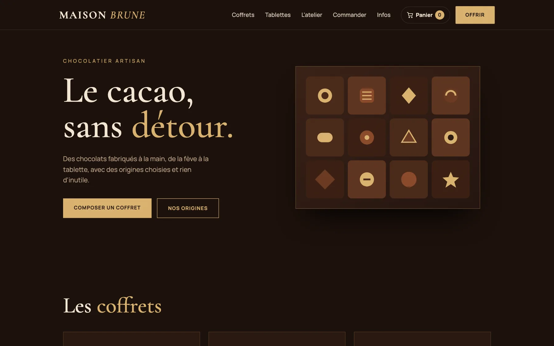 Aperçu sur ordinateur du concept de site Maison Brune, pour une chocolaterie