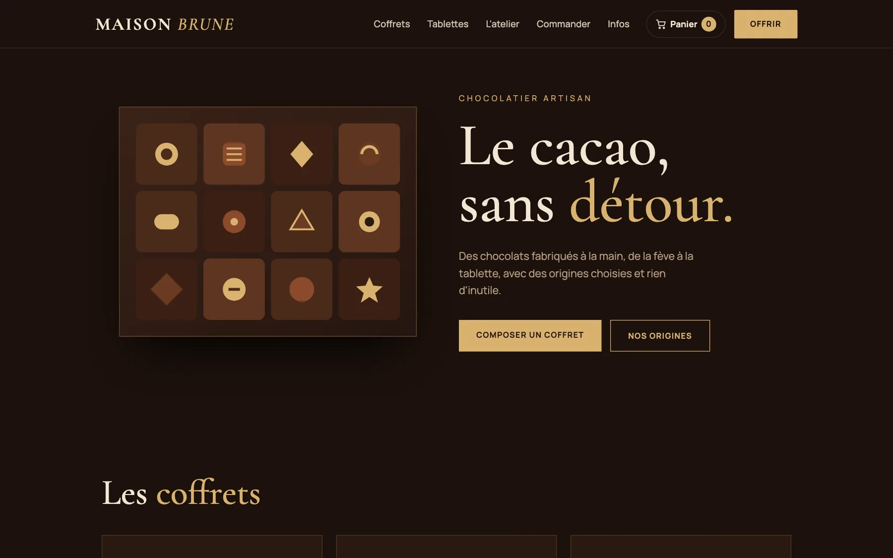 Aperçu sur ordinateur du concept de site Maison Brune, pour une chocolaterie