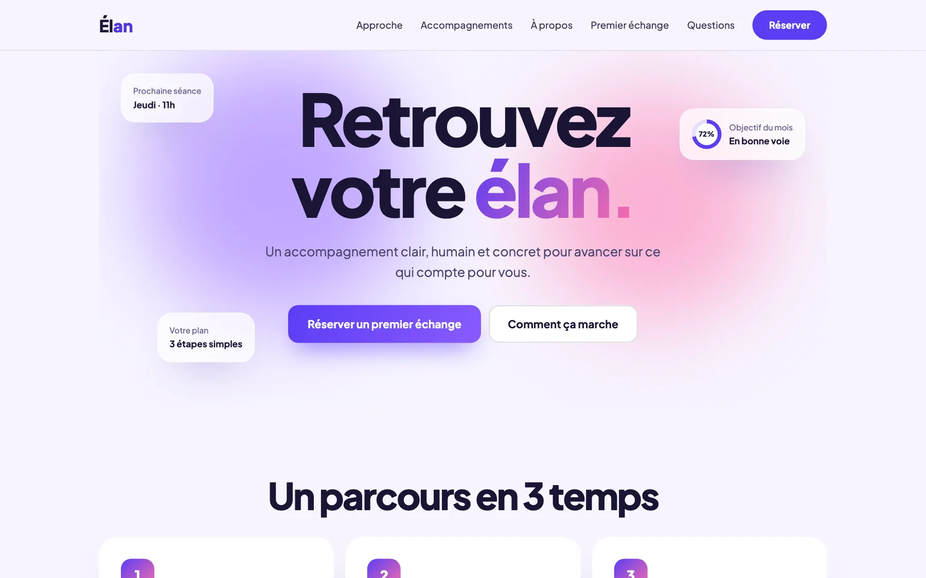 Aperçu sur ordinateur du concept de site Élan, pour une activité de coaching