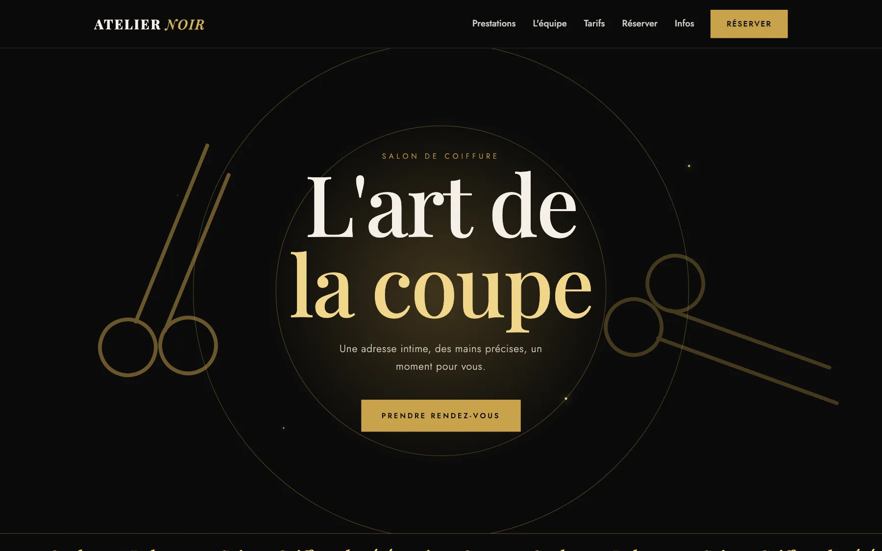 Aperçu sur ordinateur du concept de site Atelier Noir, pour une salon de coiffure