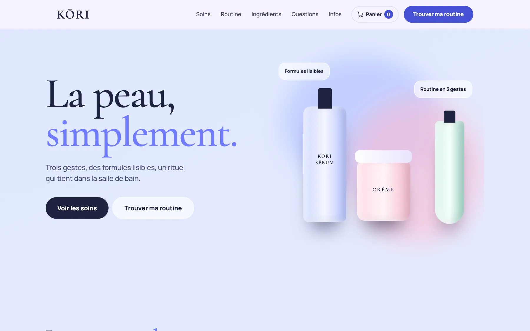 Aperçu sur ordinateur du concept de site Kōri, pour une marque de cosmétiques
