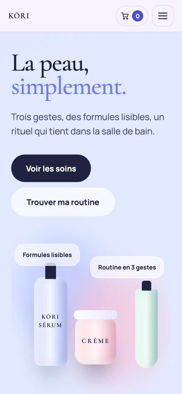 Aperçu sur téléphone du concept de site Kōri