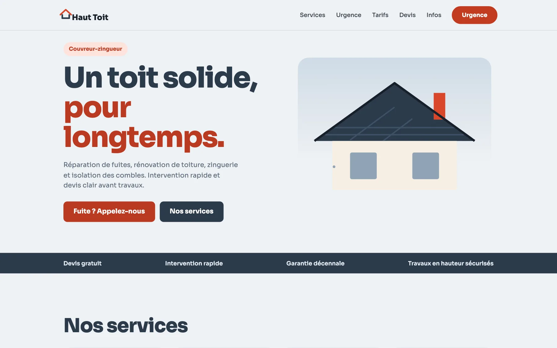 Aperçu sur ordinateur du concept de site Haut Toit Couverture, pour une entreprise de couverture