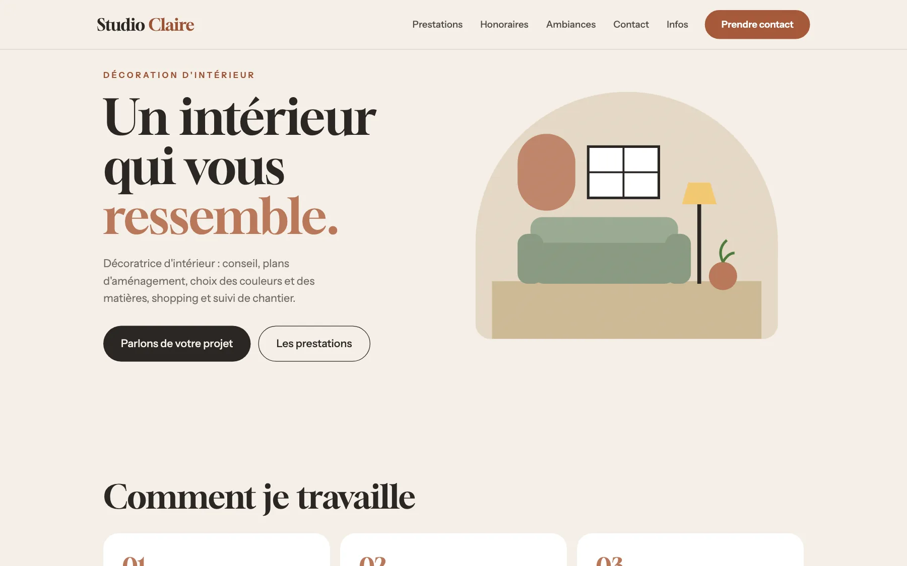 Aperçu sur ordinateur du concept de site Studio Claire, pour une studio de décoration d'intérieur