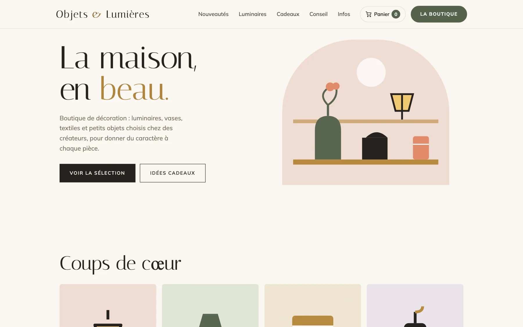 Aperçu sur ordinateur du concept de site Objets & Lumières, pour une boutique de décoration