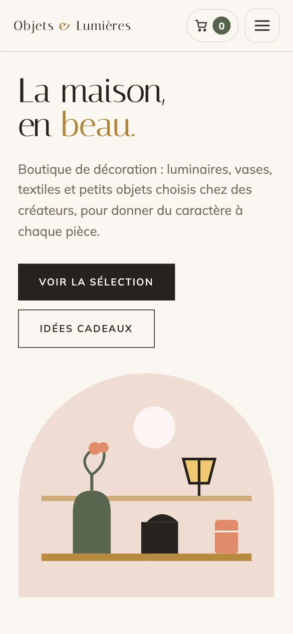Aperçu sur téléphone du concept de site Objets & Lumières