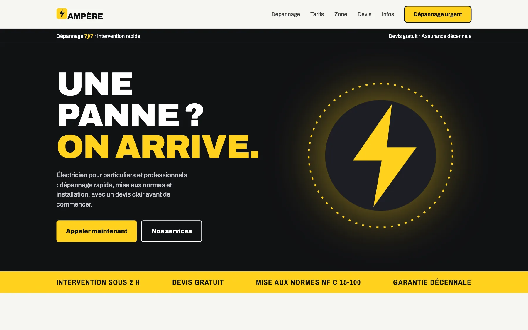 Aperçu sur ordinateur du concept de site Ampère Électricité, pour une entreprise d'électricité