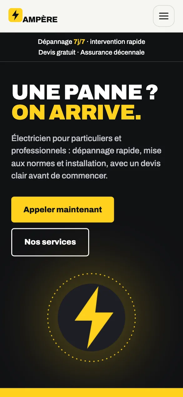 Aperçu sur téléphone du concept de site Ampère Électricité