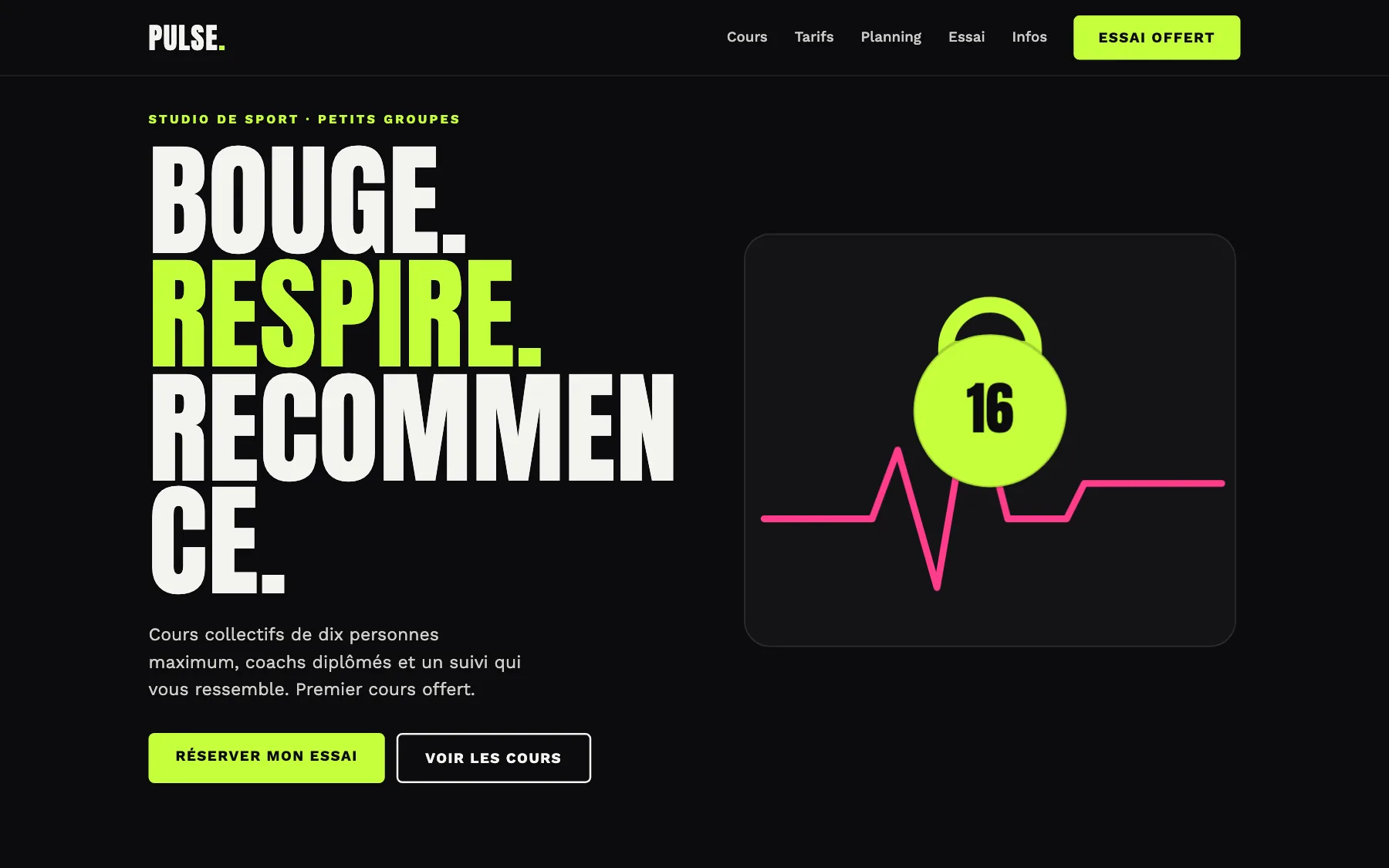 Aperçu sur ordinateur du concept de site Studio Pulse, pour une salle de sport