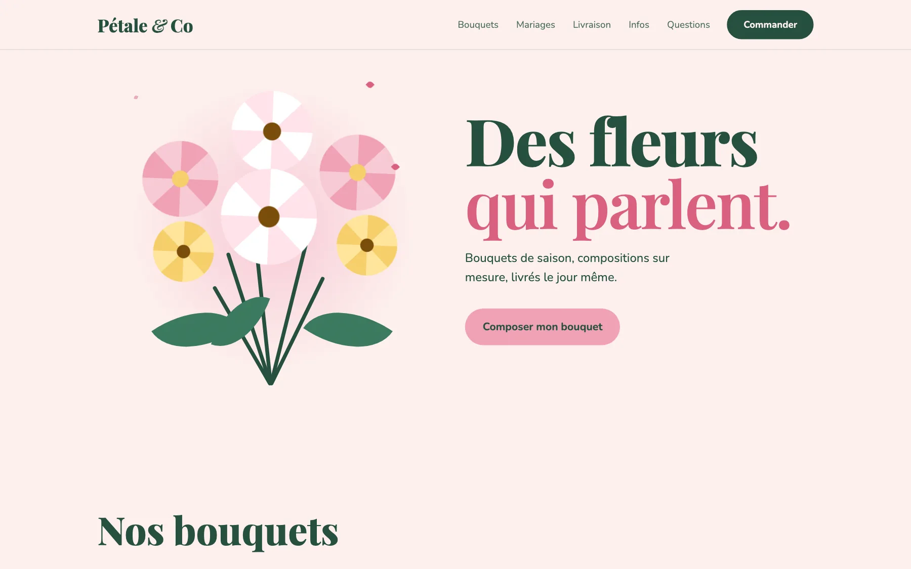 Aperçu sur ordinateur du concept de site Pétale & Co, pour une boutique de fleurs