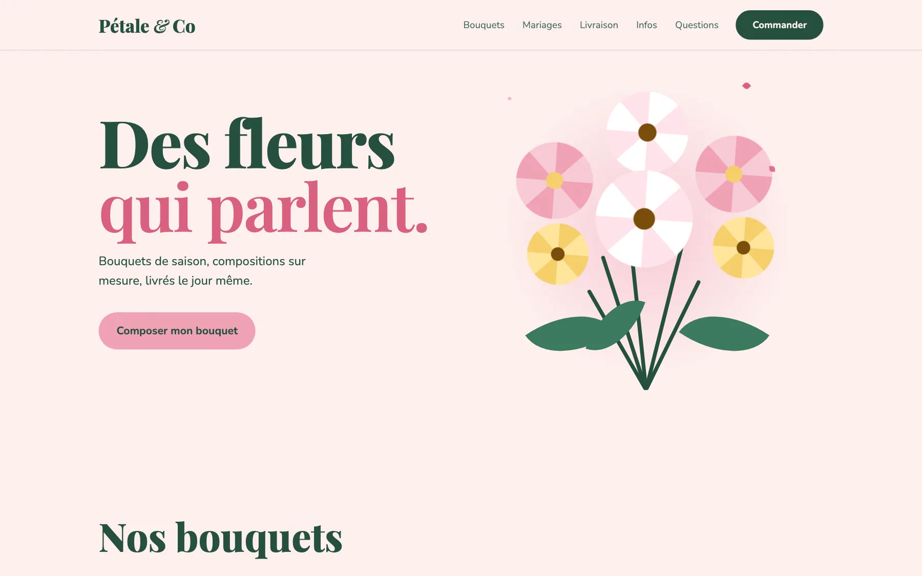 Aperçu sur ordinateur du concept de site Pétale & Co, pour une boutique de fleurs