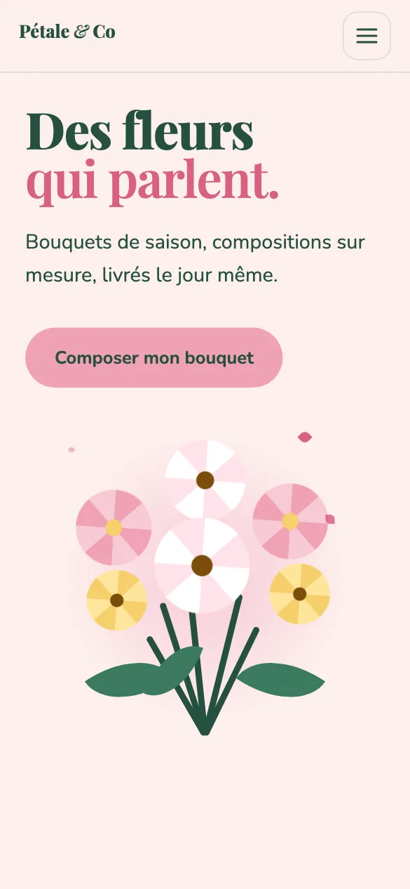 Aperçu sur téléphone du concept de site Pétale & Co
