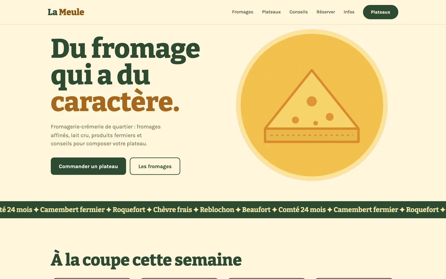 Aperçu sur ordinateur du concept de site La Meule, pour une fromagerie