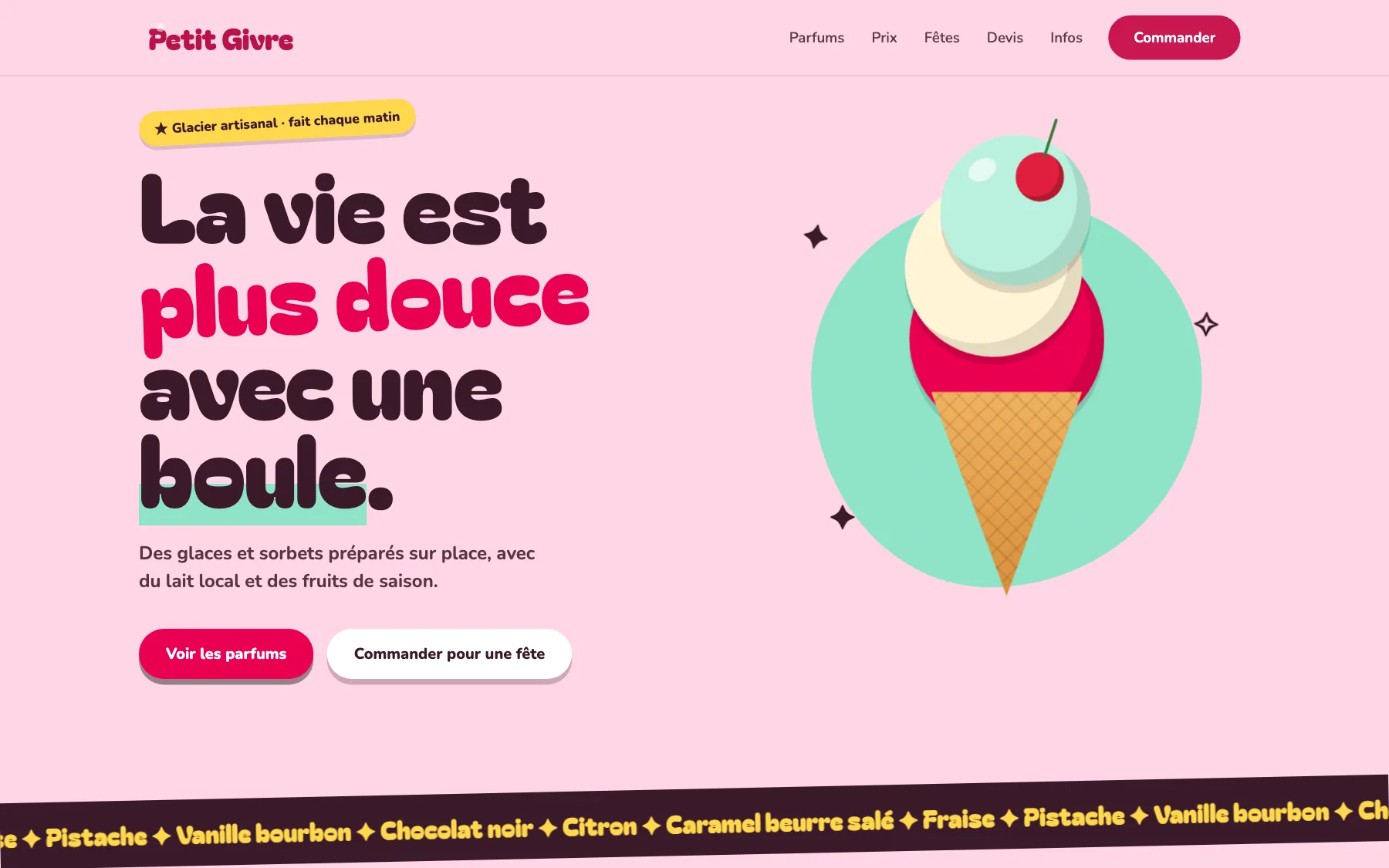 Aperçu sur ordinateur du concept de site Petit Givre, pour une glacier