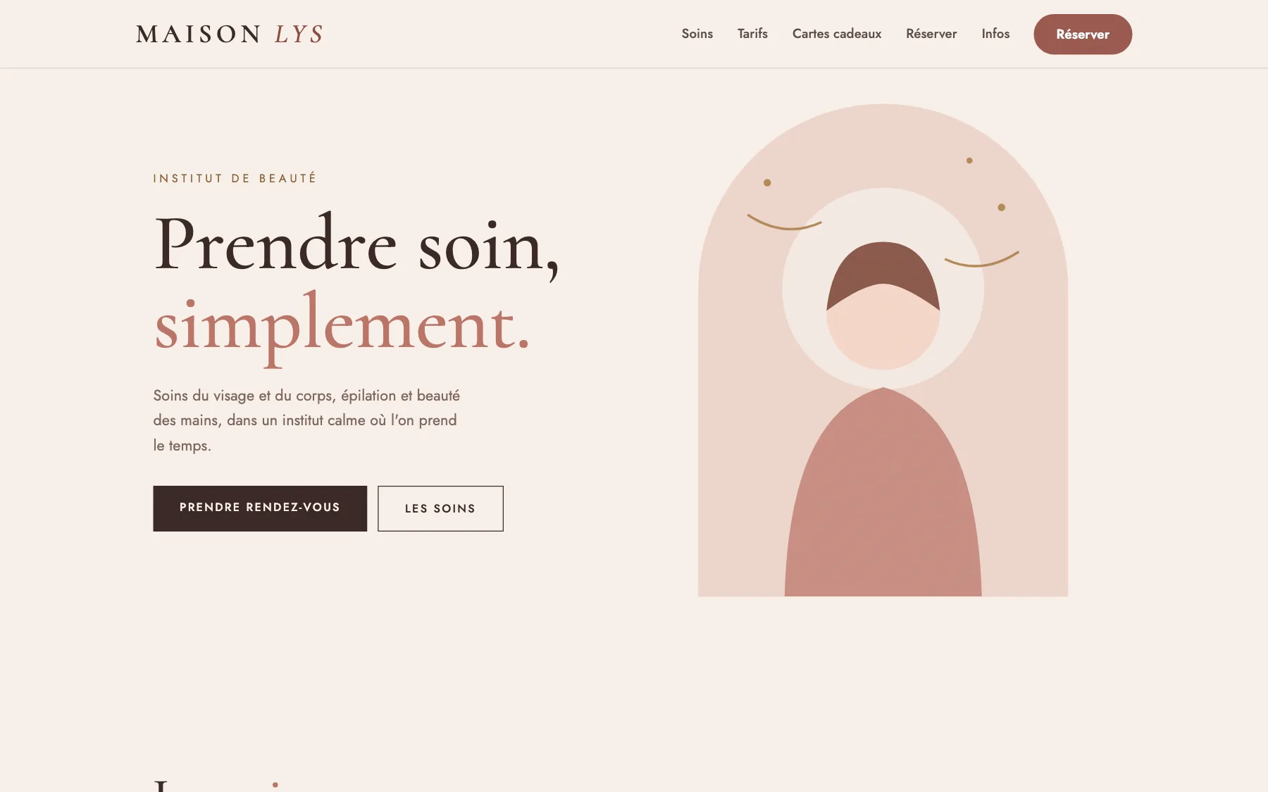 Aperçu sur ordinateur du concept de site Maison Lys, pour une institut de beauté