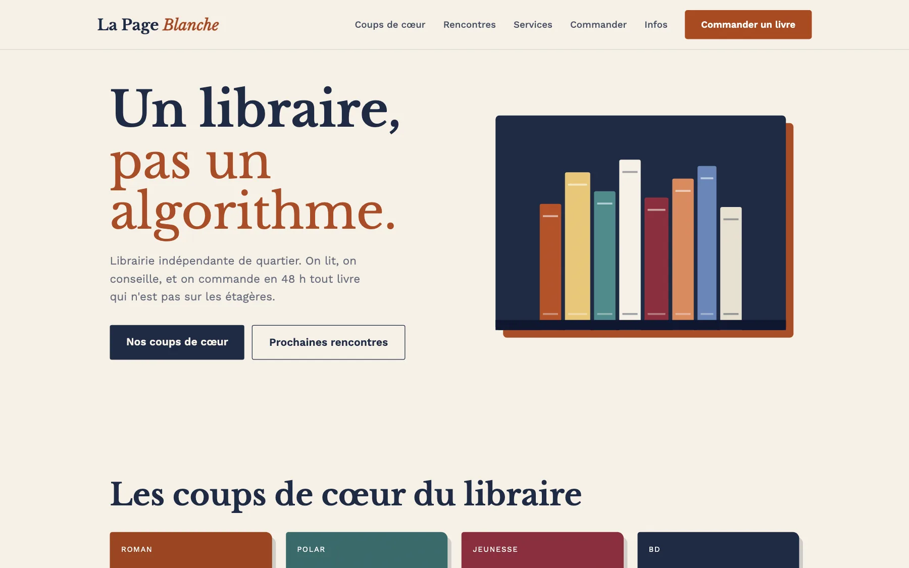 Aperçu sur ordinateur du concept de site La Page Blanche, pour une librairie