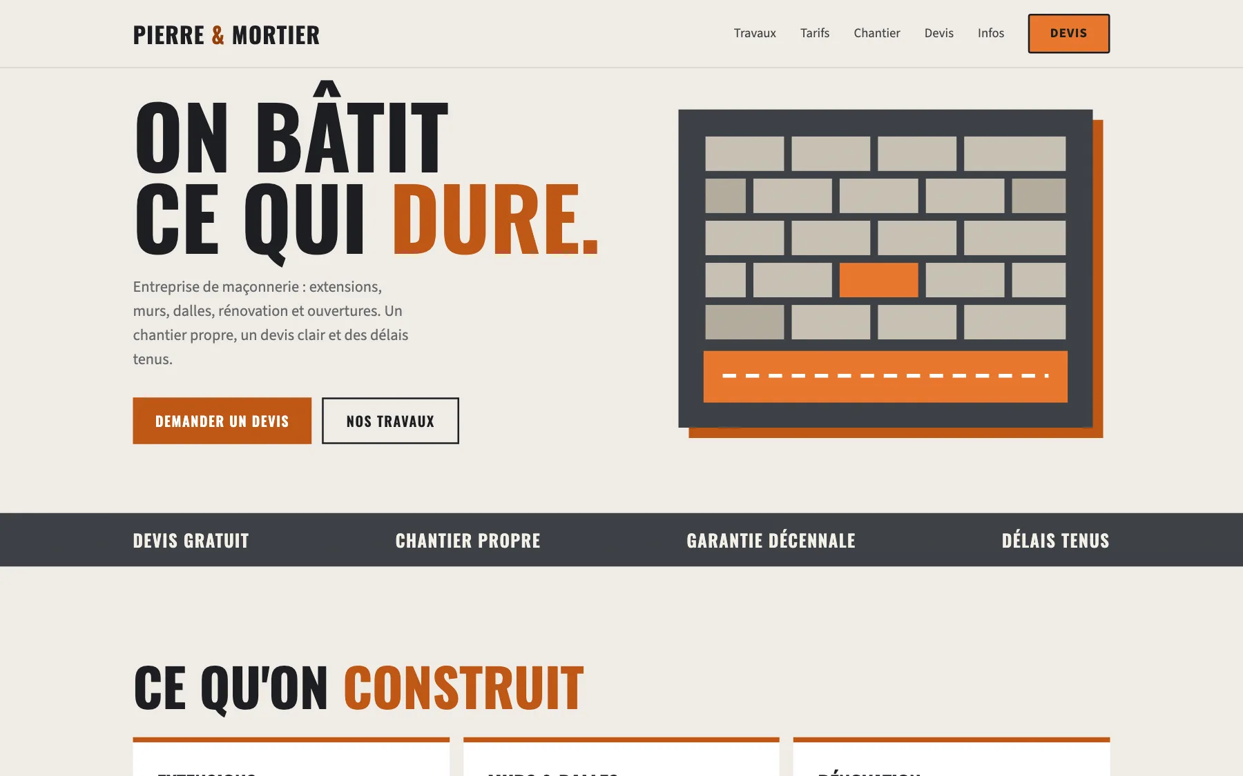 Aperçu sur ordinateur du concept de site Pierre & Mortier, pour une entreprise de maçonnerie