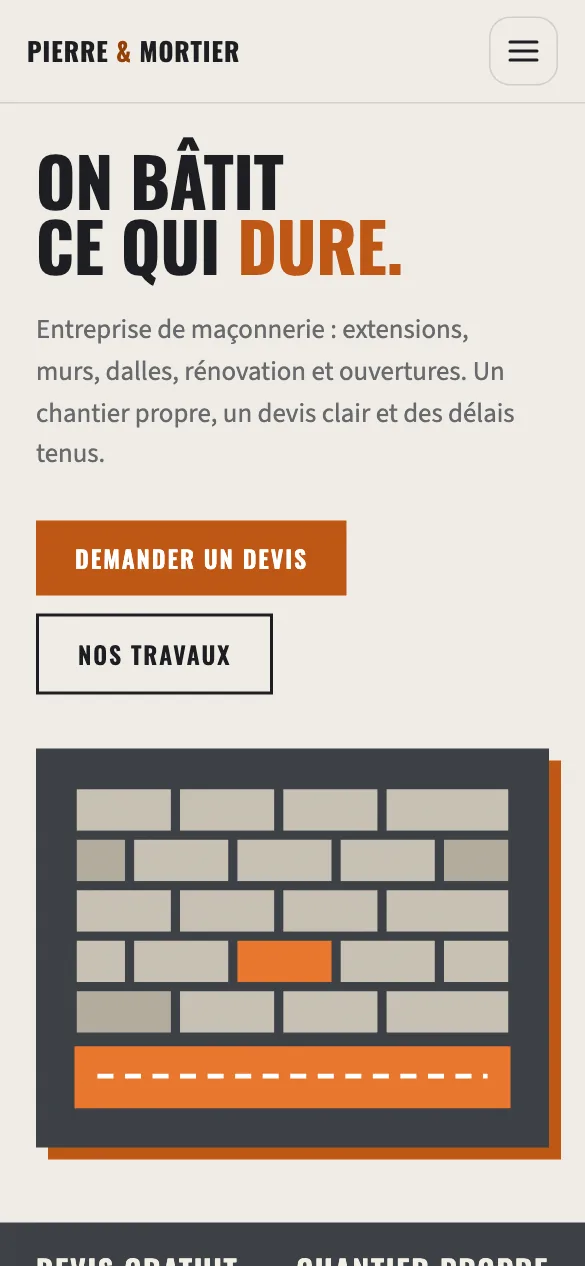 Aperçu sur téléphone du concept de site Pierre & Mortier