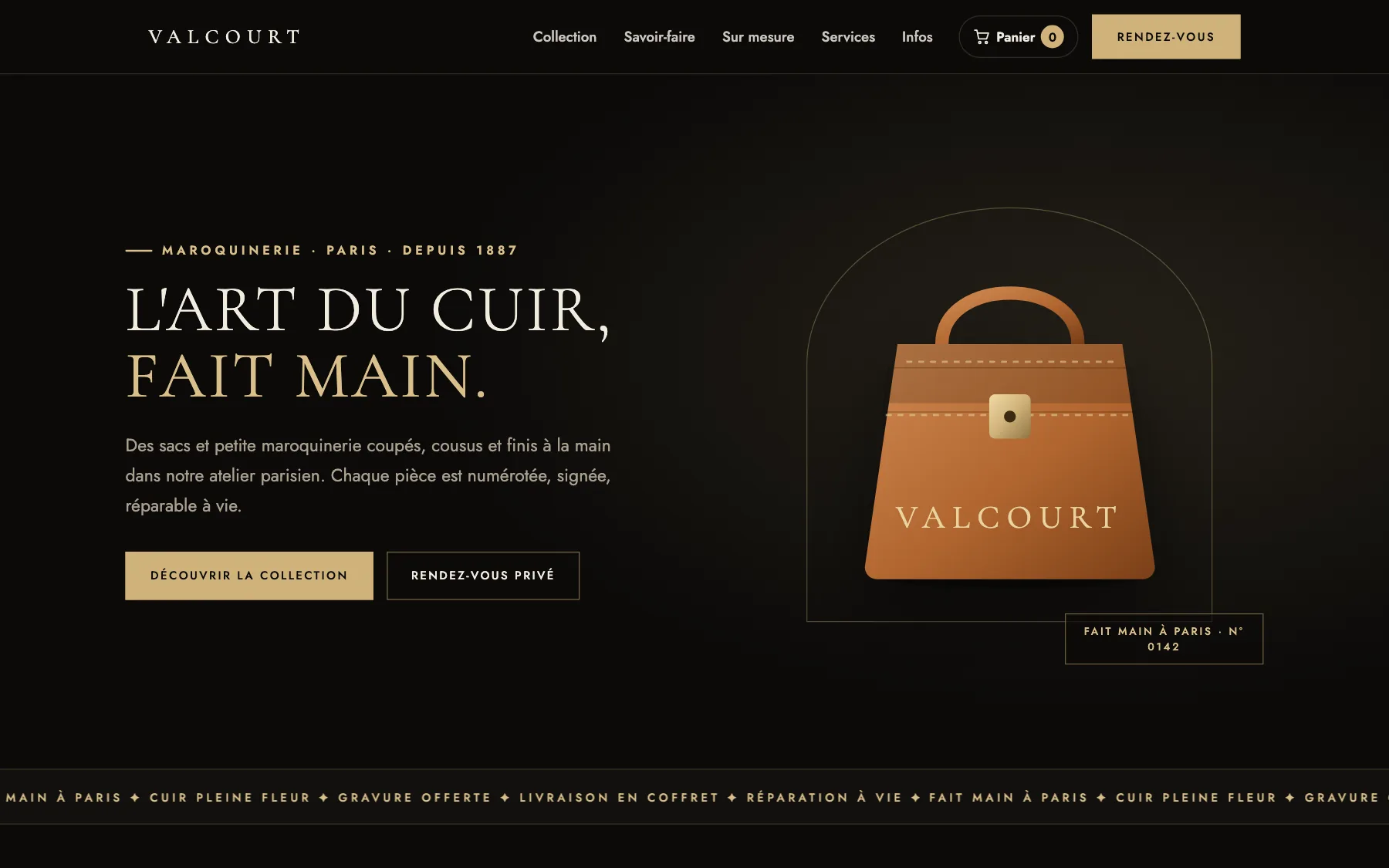 Aperçu sur ordinateur du concept de site Maison Valcourt, pour une maison de maroquinerie