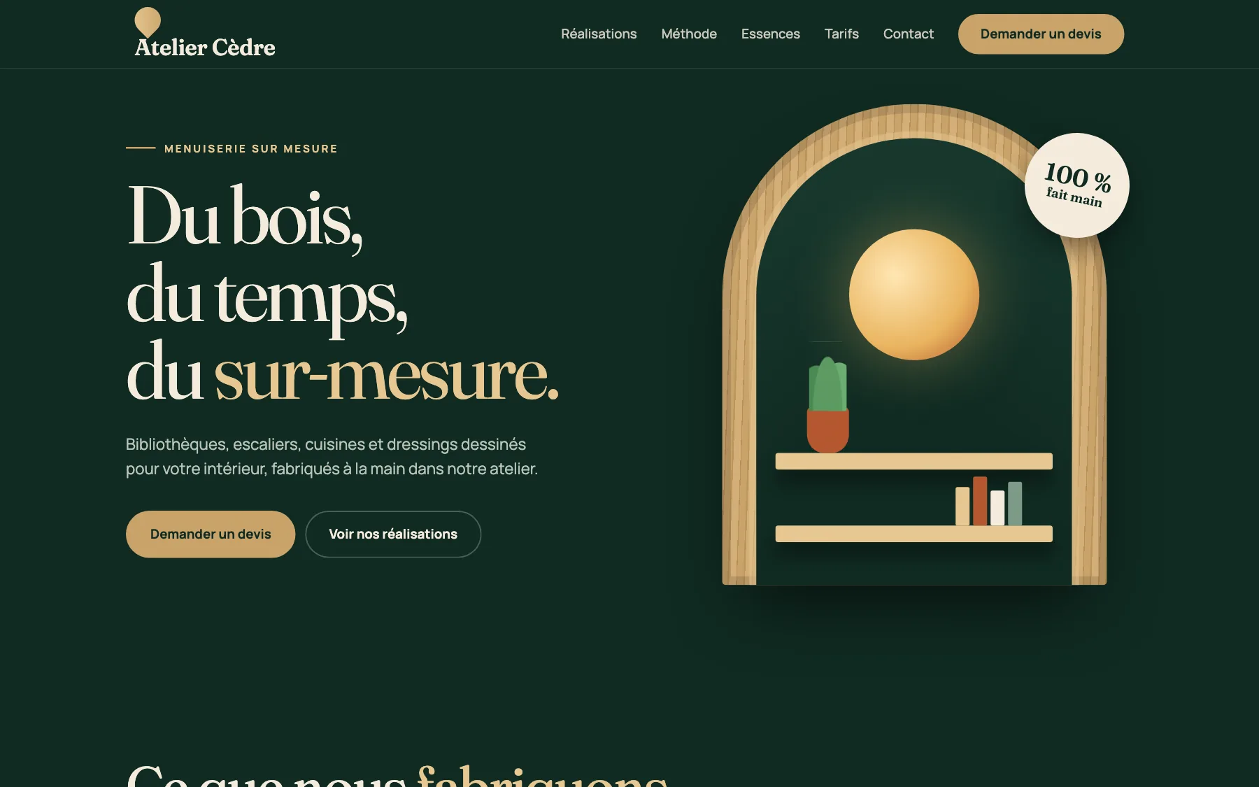 Aperçu sur ordinateur du concept de site Atelier Cèdre, pour une menuiserie