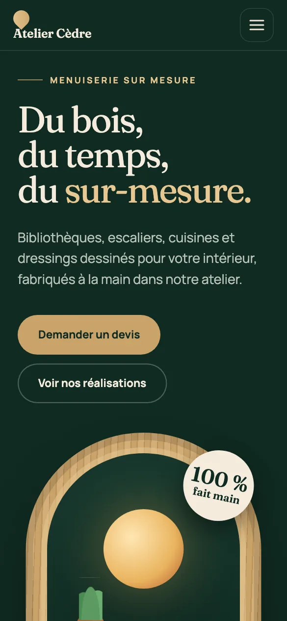 Aperçu sur téléphone du concept de site Atelier Cèdre
