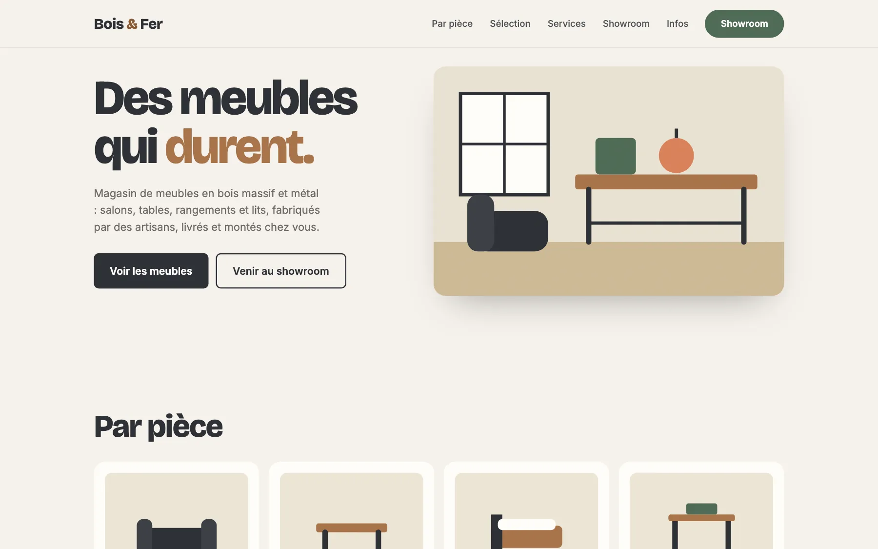 Aperçu sur ordinateur du concept de site Maison Bois & Fer, pour une magasin de meubles