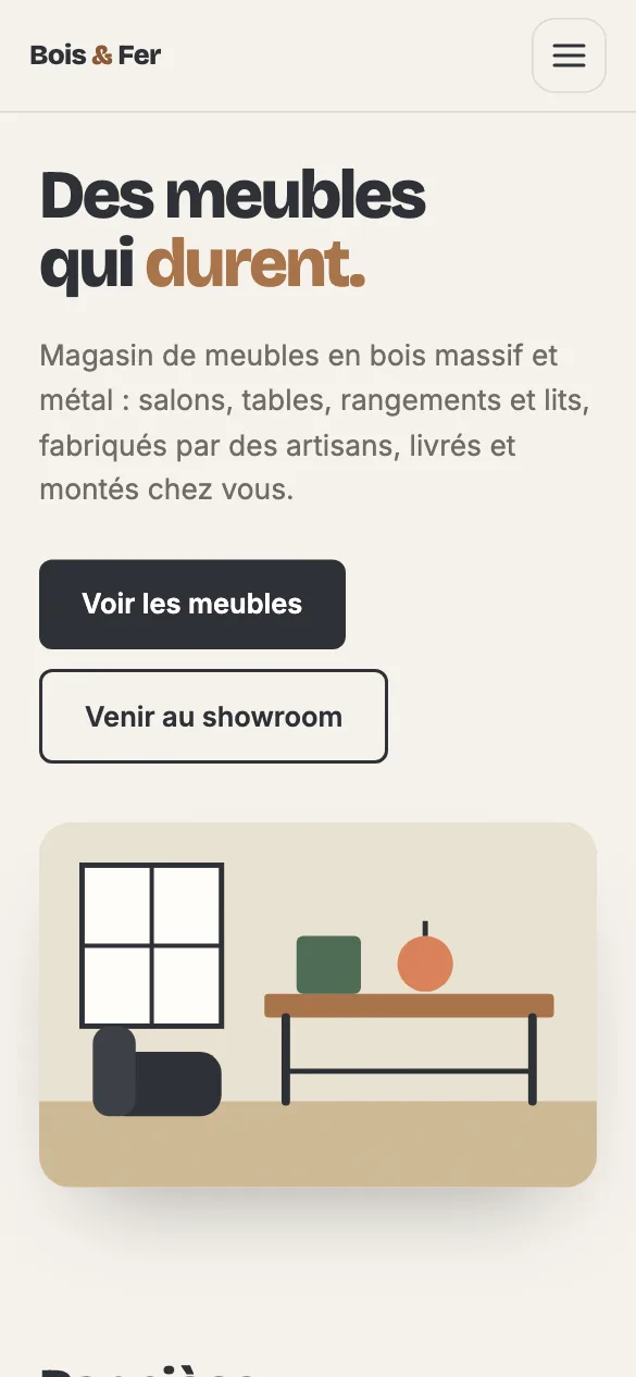 Aperçu sur téléphone du concept de site Maison Bois & Fer