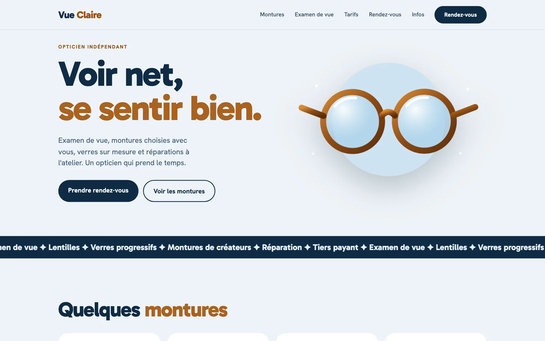 Aperçu sur ordinateur du concept de site Vue Claire, pour une magasin d'optique