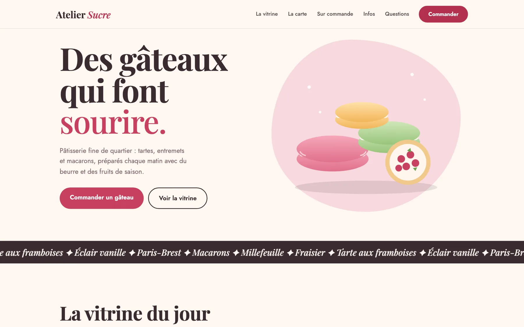 Aperçu sur ordinateur du concept de site Atelier Sucre, pour une pâtisserie