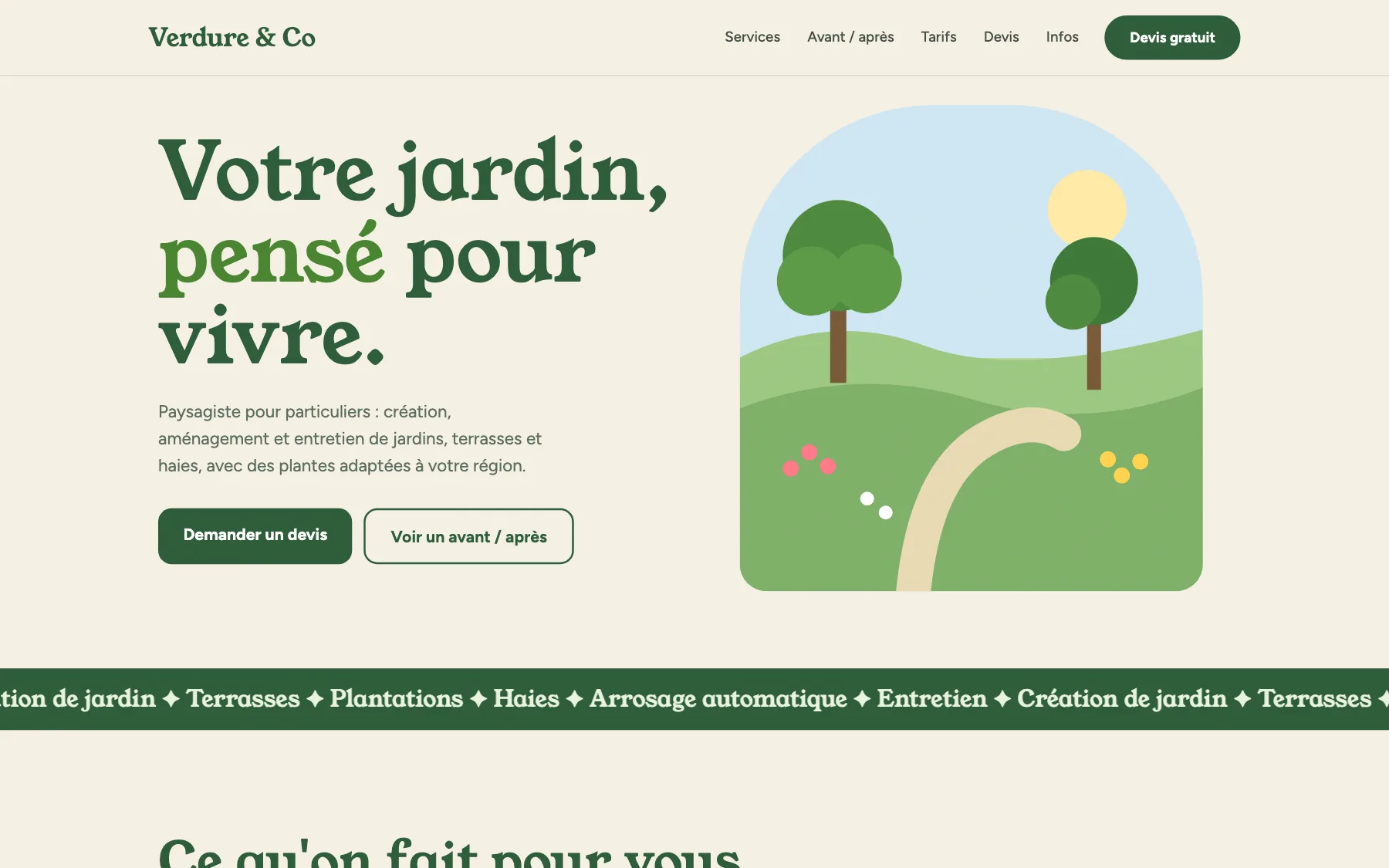 Aperçu sur ordinateur du concept de site Verdure & Co, pour une entreprise de paysage